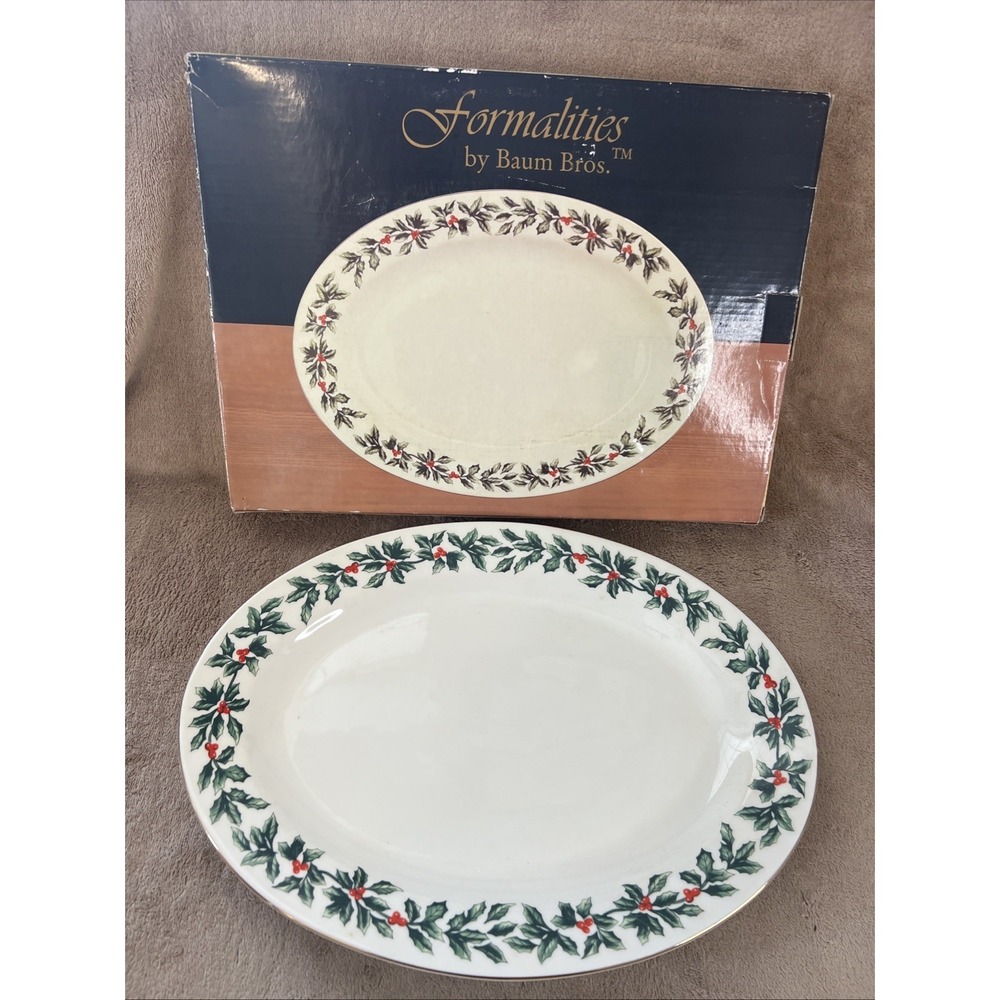 Formalities Baum Bros Holly 14" Oval Platter FH672GB Christmas Serving Dish w/ B